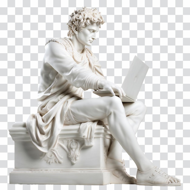 Statua classica di davide che usa un portatile per l'arte generativa isolata