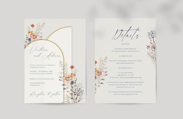 PSD classic and elegant wedding invitation template with wild tiny bloom floral bouquet