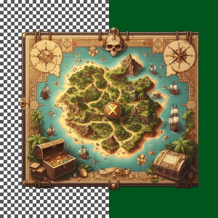PSD classic explorers map with ships and island terrain on transparent background png psd