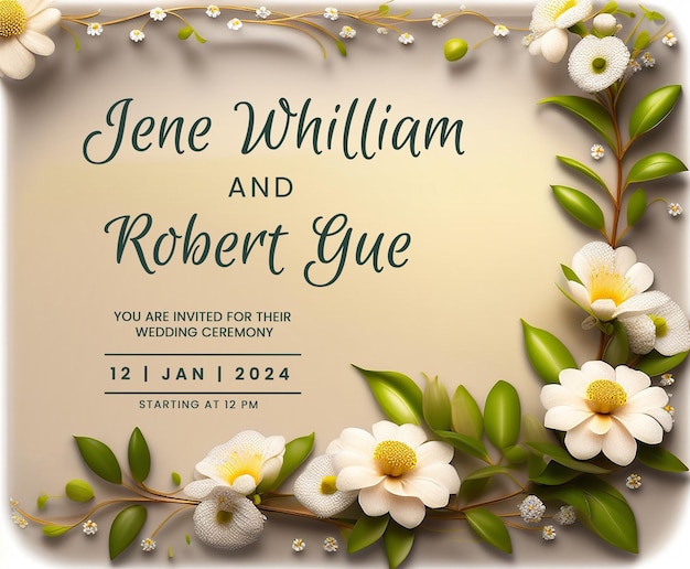 PSD classic gold frame wedding invitation with daisy accents