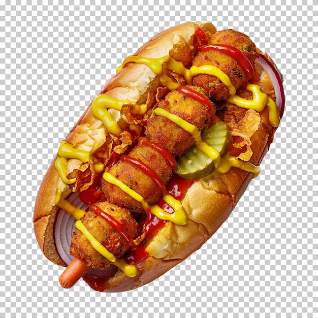 PSD classic hot dog with ketchup and mustard sauce zapiekanka tasty onion hotdog isolated background