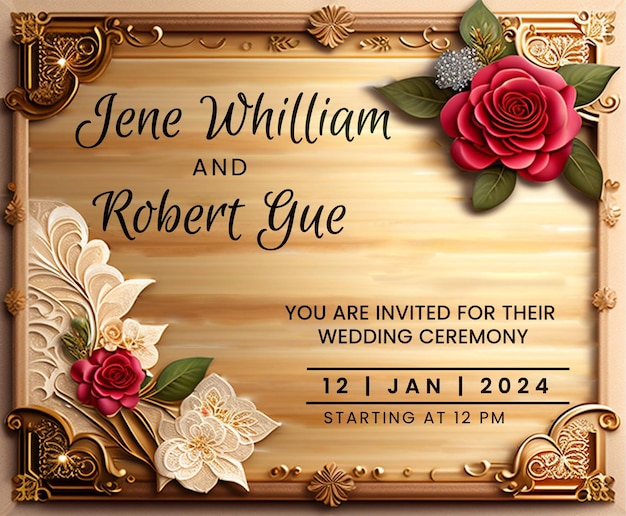 Classic LaceTrimmed Wedding Invitation with Wooden Frame DetailOrnate Golden Floral Wedding Invitati