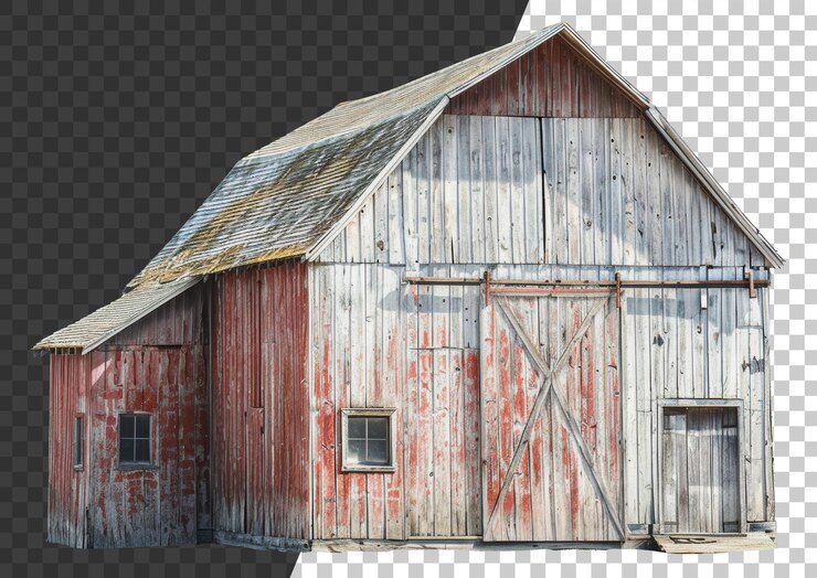 PSD classic red and white wooden barn with sliding door in rural setting cut out stock png