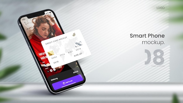 ミニマルな背景の古典的なスマートフォンのモックアップとクレジットカードのモックアップ
