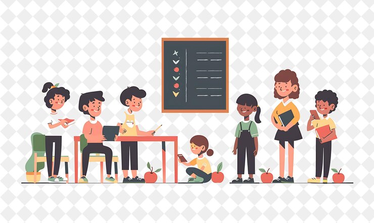 PSD classic teacher with characters teaching and educating stude png people in daily work illustration