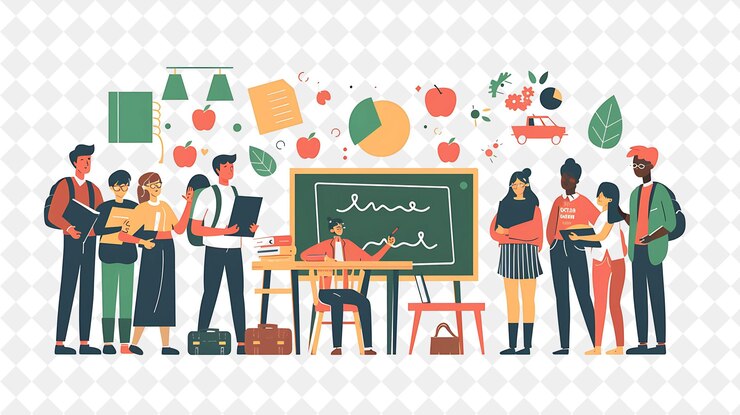 PSD classic teacher with characters teaching and educating stude png people in daily work illustration