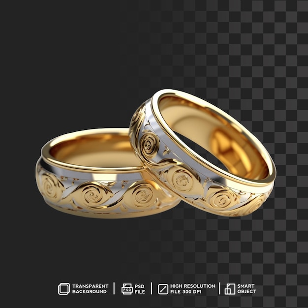 PSD classic and timeless golden wedding rings with ornament in transparent background