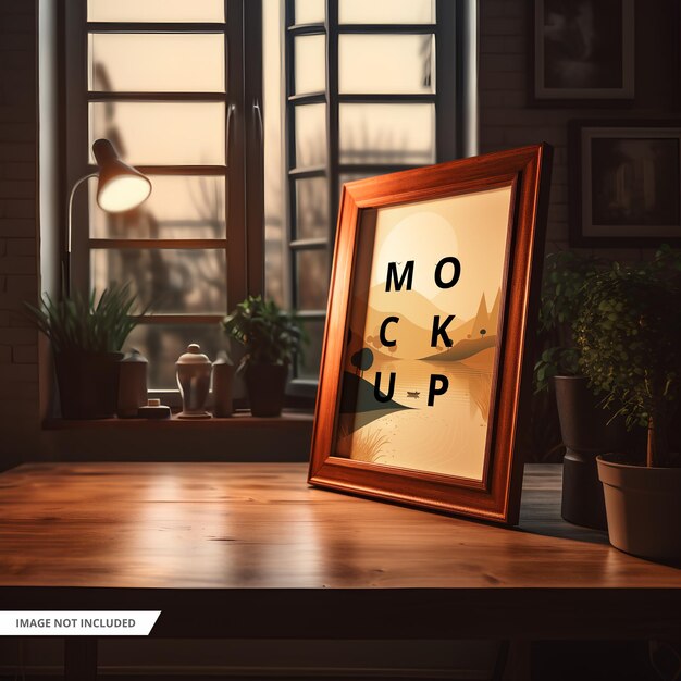 A classic wooden frame mockup on a table in front of a window
