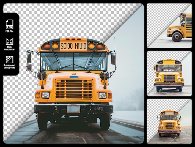 Classic yellow school bus front view isolated on transparent background