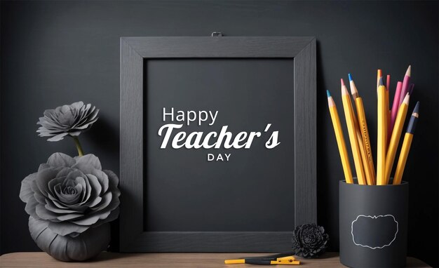 PSD classroom dark color chalkboard and school supplies pencils flower top on the table with a frame