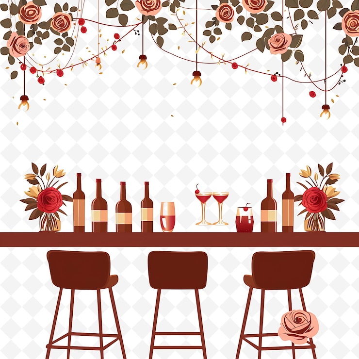 PSD classy bar adorned with string lights and roses lights and f png natural inspired flat borderline