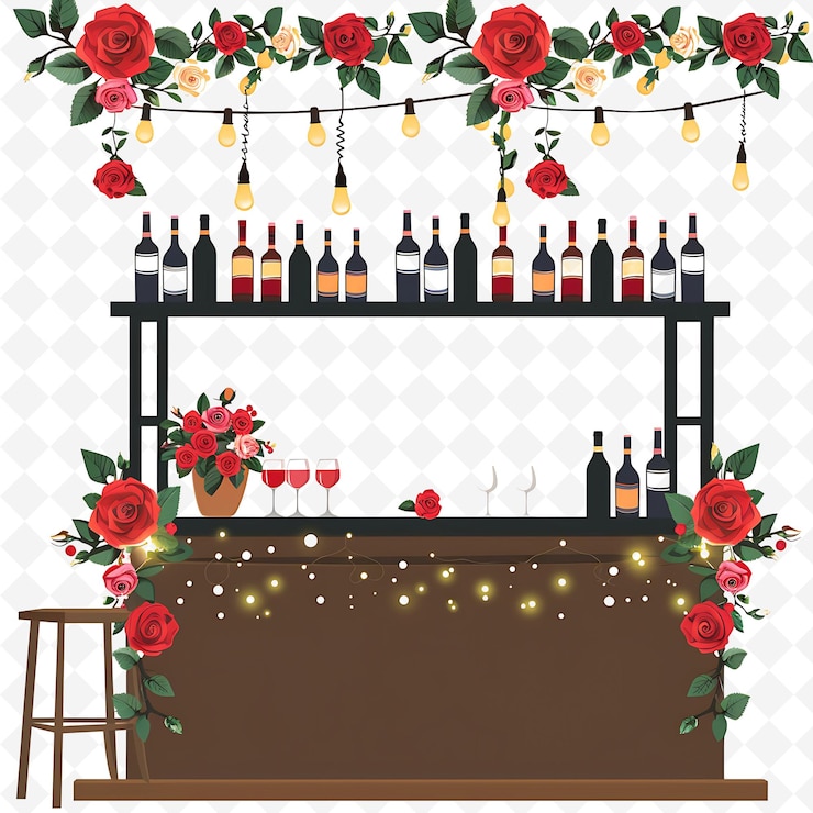 PSD classy bar adorned with string lights and roses lights and f png natural inspired flat borderline