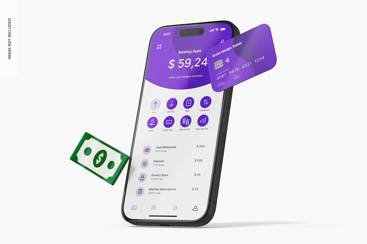 PSD clay iphone with banking icons mockup side view