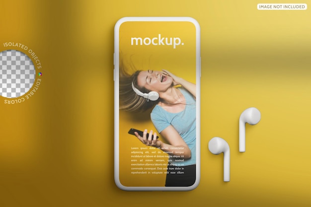 Clay phone device screen presentation mockup with headsets music interface app concept flatlay