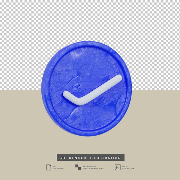 Illustrazione 3d dell'icona del segno blu verificato stile argilla isolata