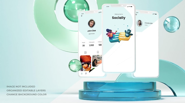 Mockup di clayphones su un podio di vetro con composizione geometrica