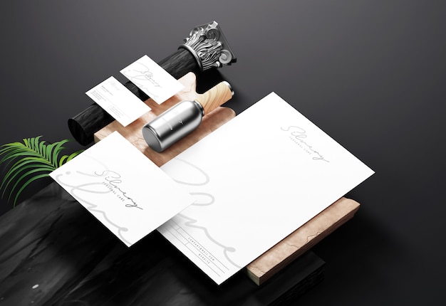 PSD clean brand identity and stationery mockup with silver foil print effect