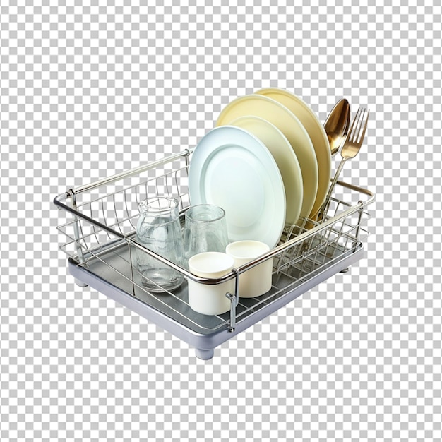 Clean dishes drying on metal dish rack isolated on transparent background