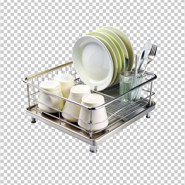 PSD clean dishes drying on metal dish rack isolated on transparent background