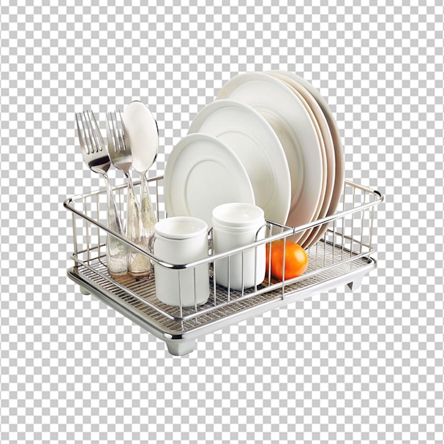 PSD piatti puliti asciugati su rack di piatti metallici isolati su uno sfondo trasparente