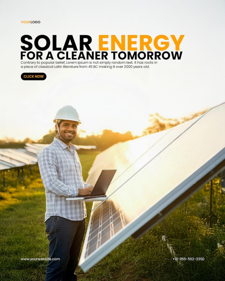 PSD clean energy rooftop solar poster template with indian engineer in white helmet holding a laptop in front of photovoltaic panels