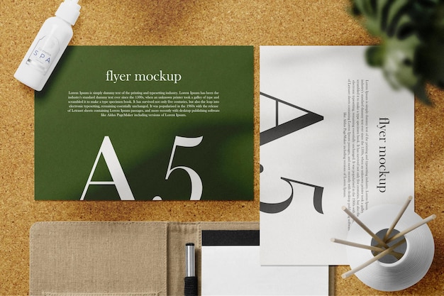 Clean minimal A5 flyer mockup on background with dispancer notebook vase and plant foreground