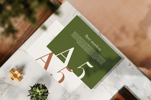 Clean minimal a5 flyer mockup on top mable background with plant