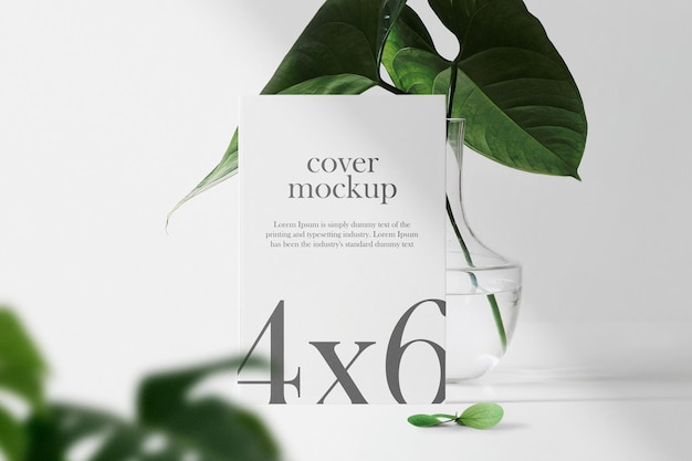 Clean minimal book 4x6 mockup standing on top white table with leaves