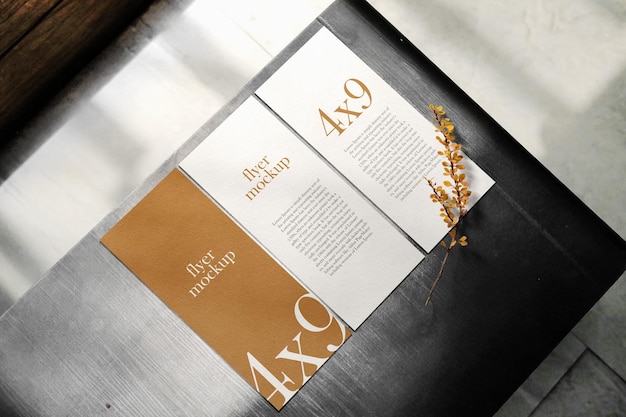 Clean minimal brochure flyer on top iron table with plant