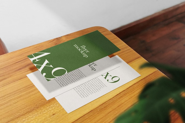 Clean minimal brochure flyer on wooden top table with plant foreground
