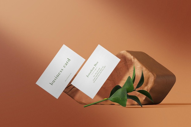 Clean minimal business card mock up floating on terracotta with leaves