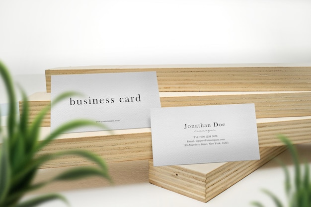 Clean minimal business card mockup on plywood with leaves.