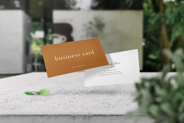 Clean minimal business card mockup on top cement with leaves and plant foreground