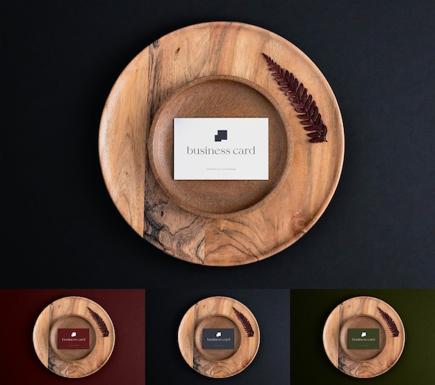 Clean minimal business card in wooden plate mockup