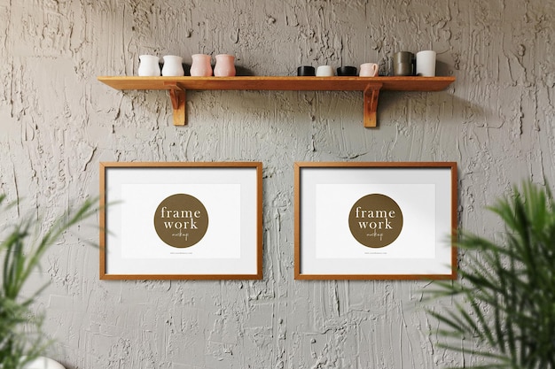 Clean minimal frame mockup on the wall with shelf and plants