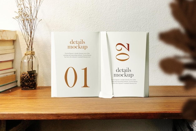 Чистый минимальный макет внутренней книги 4x6, стоящий на верхней скамейке с растительным фоном PSD-файл