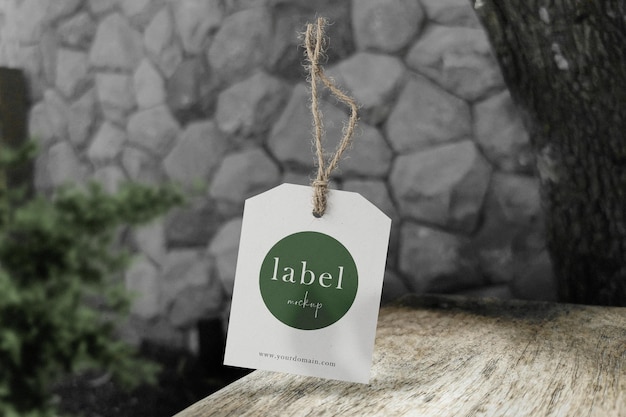 Clean minimal label mockup floating on wooden table with plant background PSD file