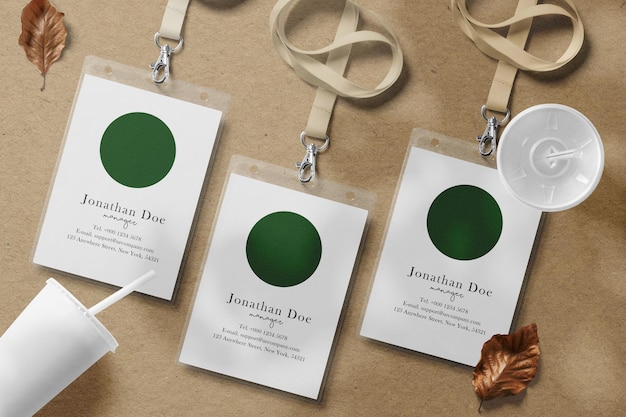 Clean minimal label mockup on paper background with cups and leaves