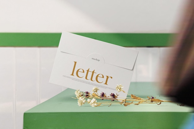 Mockup di lettera minimo pulito che galleggia su una panchina con sfondo di piante secche