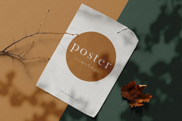 Clean minimal poster mockup on background with maple and stick