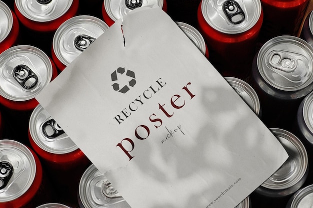 PSD mockup di poster di riciclo minimo pulito su lattine di alluminio di sfondo soda
