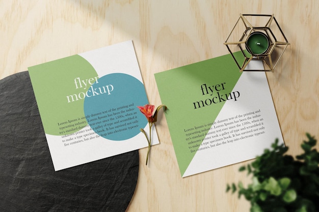 Clean minimal square flyer mockup on table background with rock board candle and plants