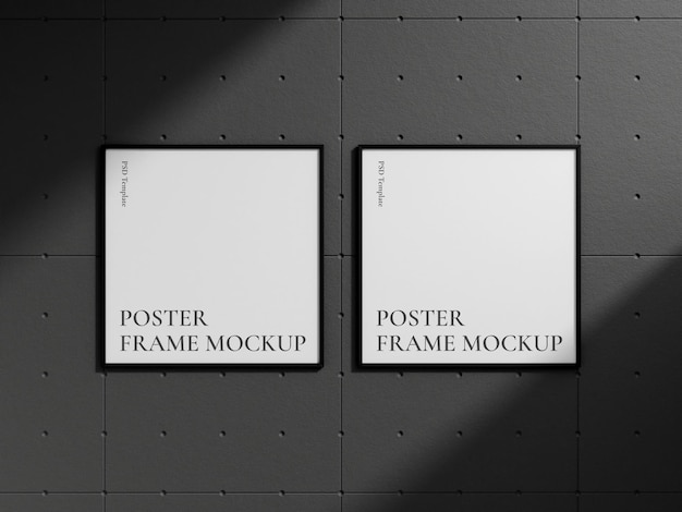 Clean and minimalist front view square black photo or poster frame mockup hanging on the industrial brick wall with shadow 3d rendering