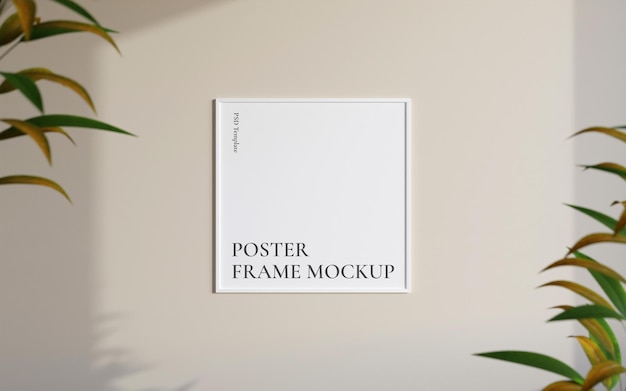 Clean and minimalist front view square white photo or poster frame mockup hanging on the wall with blurry plant 3d rendering