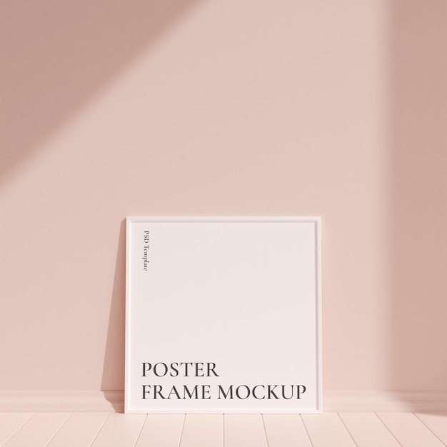 Clean and minimalist front view square white photo or poster frame mockup leaning against the wall with shadow 3d rendering