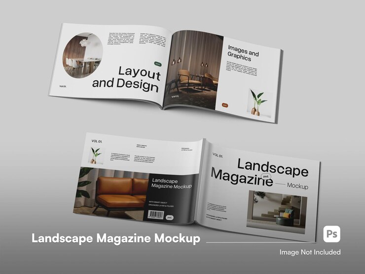 PSD clean minimalist open landscape magazine book 3d isolated mockup cover and inside magazine