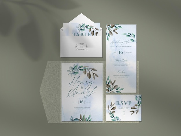 PSD clean mockup with beautiful floral wedding card set designs.