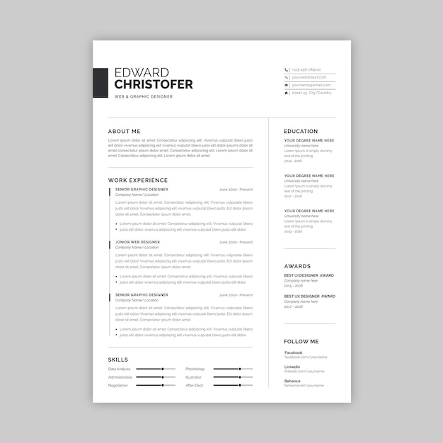 PSD clean and modern resume or cv template