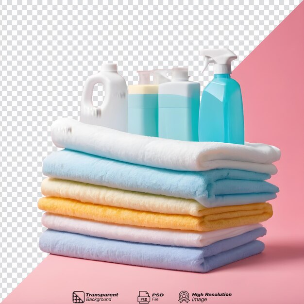 Clean sheets and detergent stacked against transparent background isolated