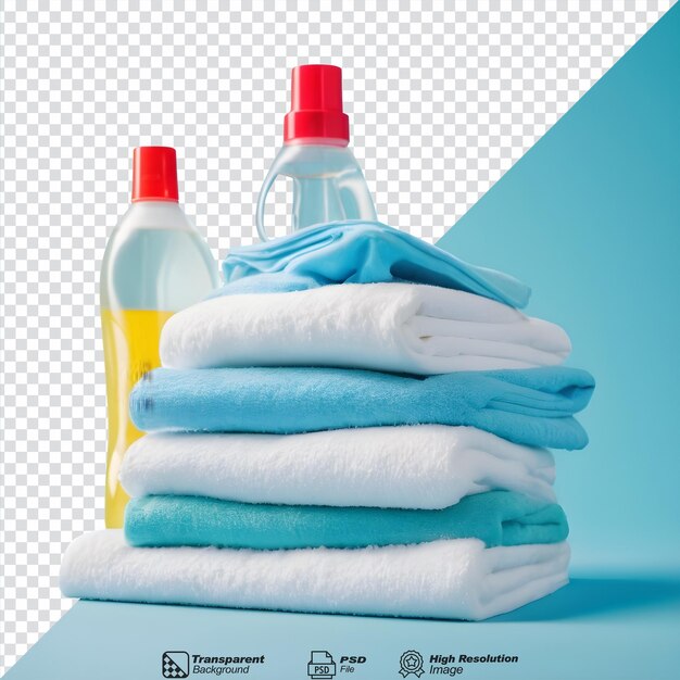 Clean sheets and detergent stacked against transparent background isolated